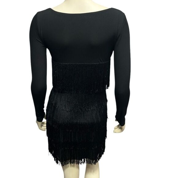 Muse for Boston Proper Black Long Sleeve Dress with Fringe Vneck Flapper Dress - Picture 5 of 10